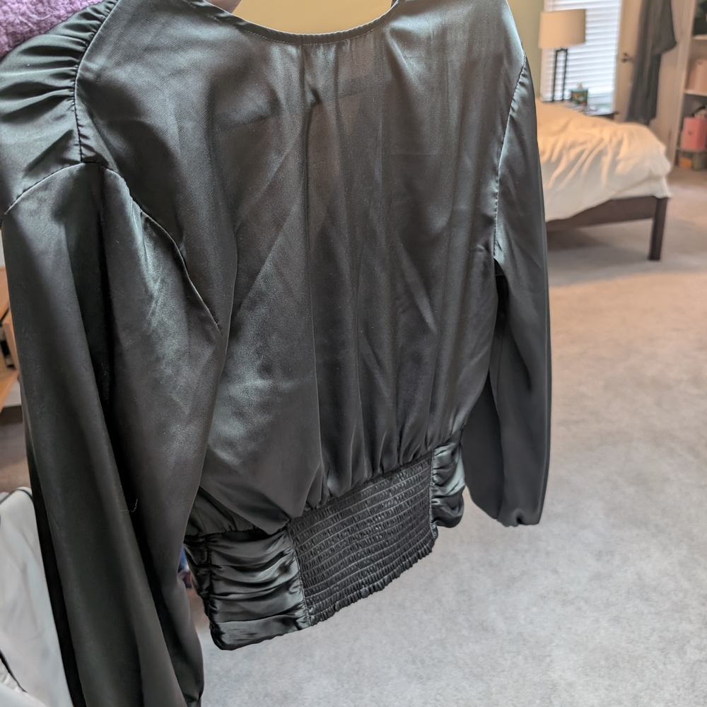 Express Olive Satin Surplice Wrap Blouse - Picture 3 of 3